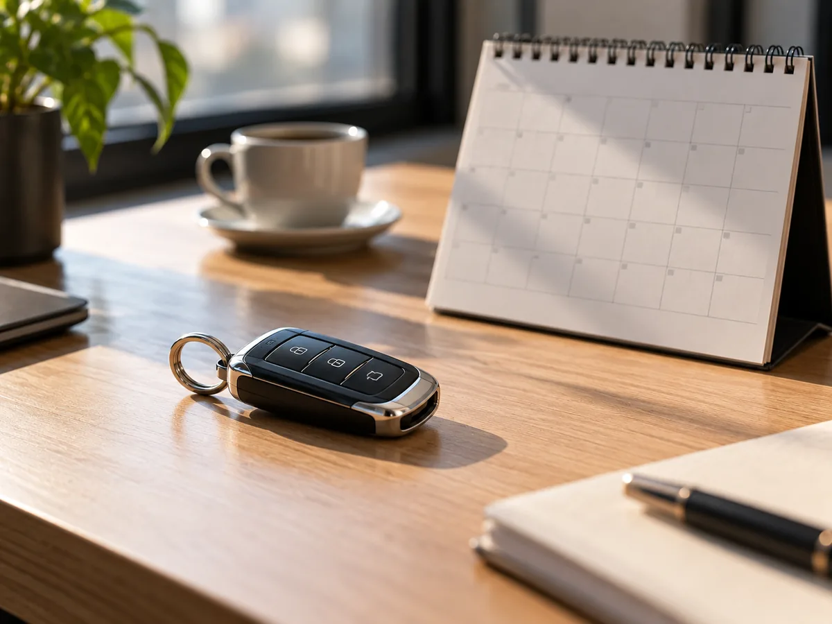 Calendário de mesa e chave de carro representando o seguro auto mensal