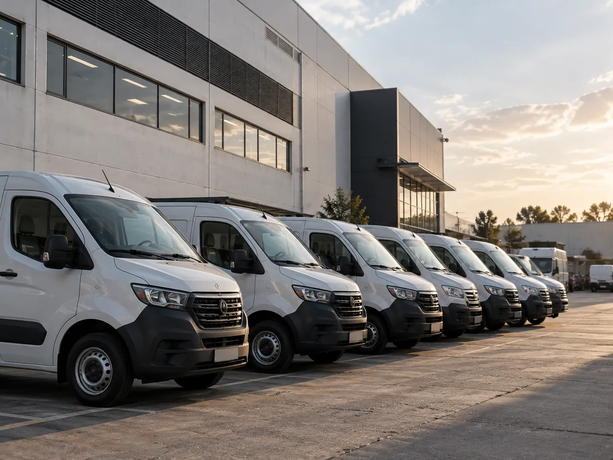 Frota de vans brancas de uma empresa estacionada em frente ao prédio comercial