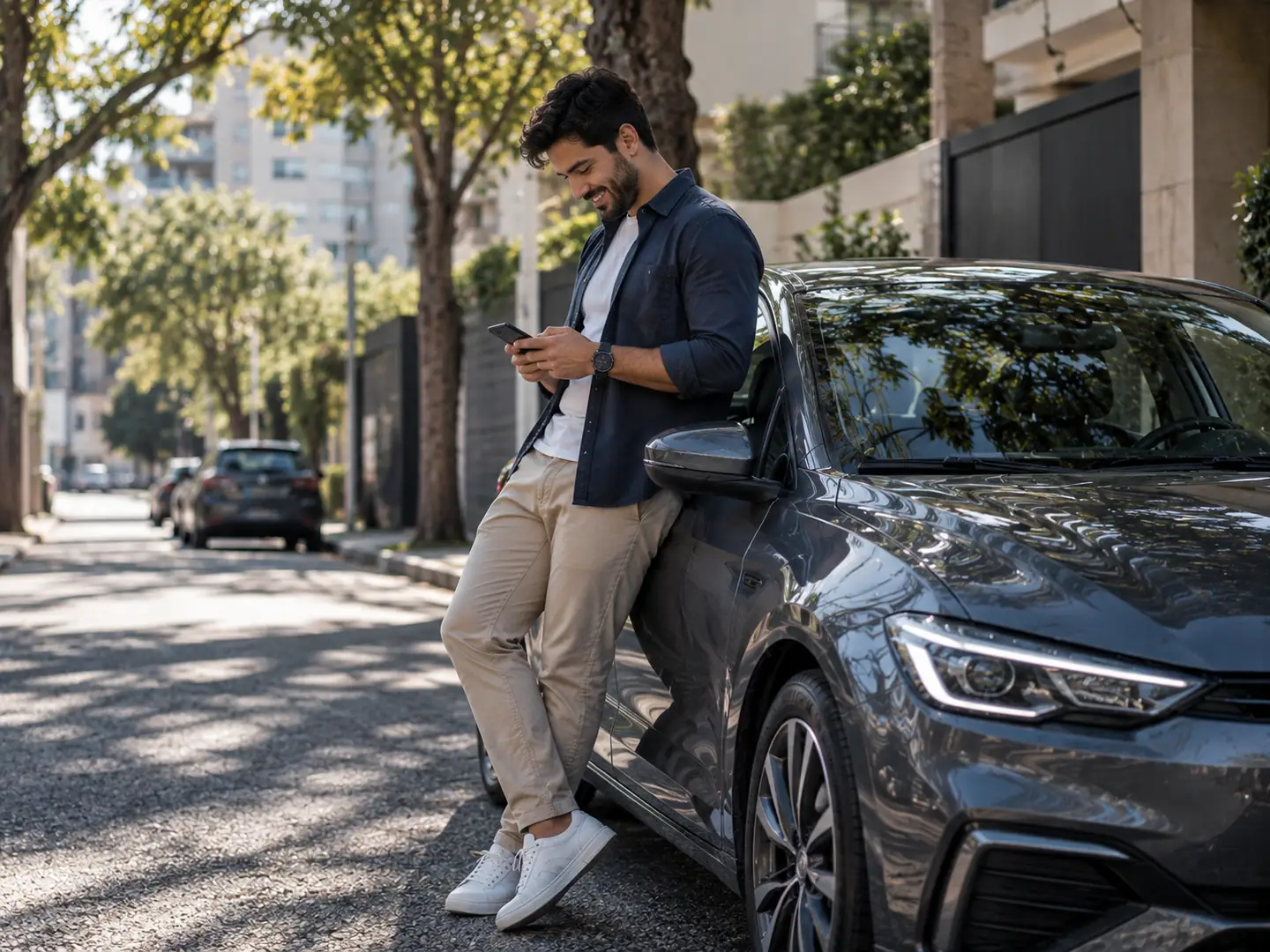 Seguro auto mensal: motorista consultando o celular ao lado do carro