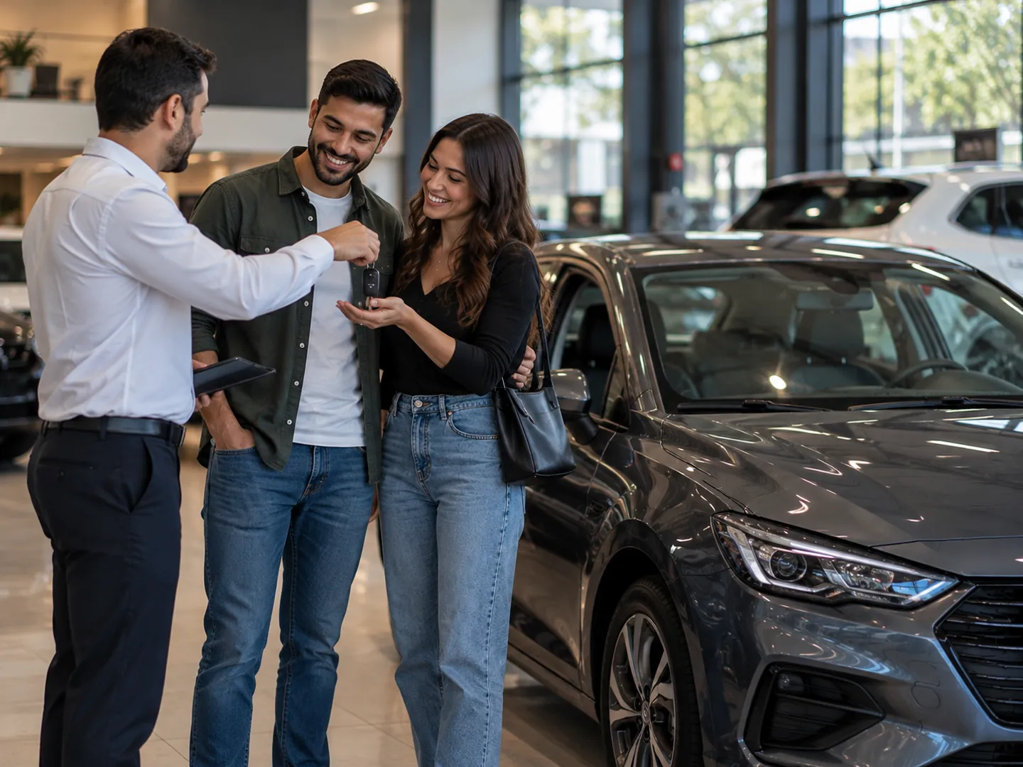 Seguro para carro financiado: casal recebendo as chaves de um carro novo na concessionária